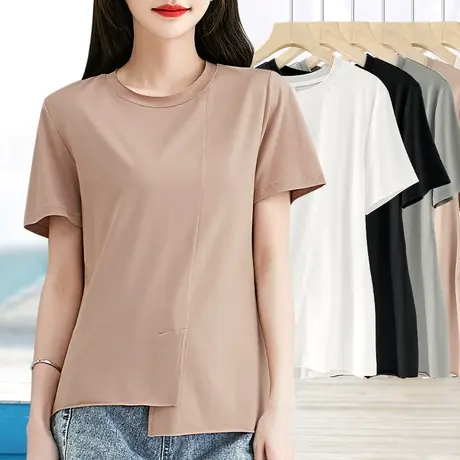 不对称小众设计高级感下摆不规则净版纯色修身短袖t恤女薄款上衣图片