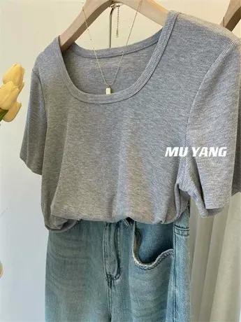 回馈价！修身显瘦高弹力方领露锁骨螺纹短袖T恤女短款百搭上衣夏图片