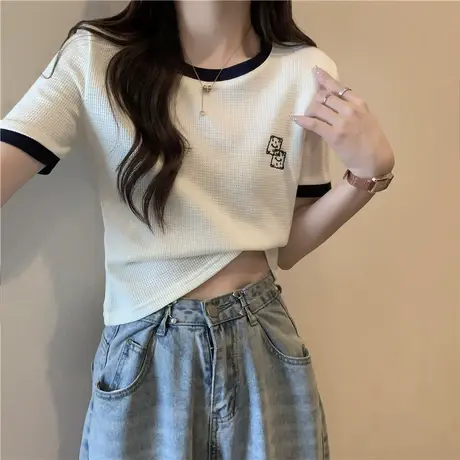华夫格小个子短款撞色正肩短袖T恤女2023新款夏季宽松半袖上衣潮图片