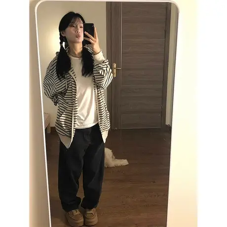 条纹连帽开衫卫衣女春秋薄款设计感小众美式复古宽松大码拉链外套图片