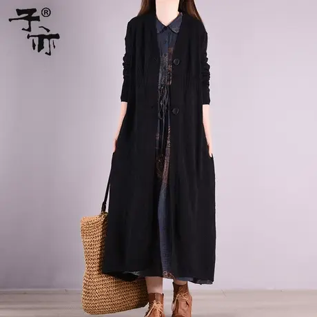 冬装新款文艺宽松中长款外套休闲纯色单排扣针织螺纹毛衣开衫图片