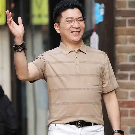 夏季中年男士短袖t恤爸爸装翻领100%纯棉老人全棉半袖上衣服薄款商品大图