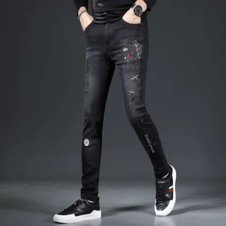 高端烫钻刺绣牛仔裤男款修身小脚2023新款秋季个性潮牌男士长裤子商品大图
