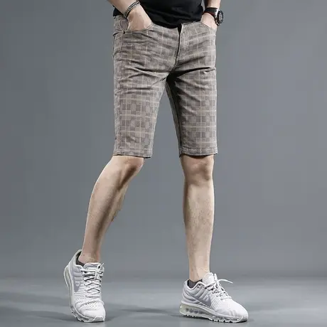 卡其色格纹牛仔短裤男五分裤修身直筒夏季薄款2023新款男士中裤商品大图