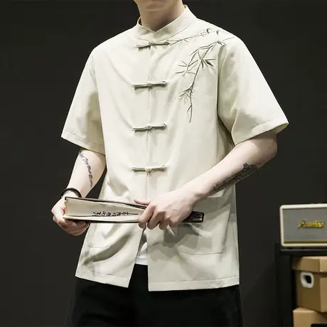 新中式唐装男款冰丝衬衫男短袖中国风男装刺绣衬衣盘扣国潮半袖潮商品大图