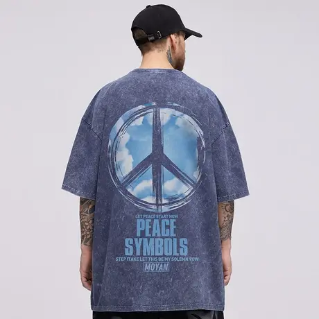 摩严美式重磅潮牌胖子男加肥加大码宽松水洗做旧复古反战短袖T恤商品大图