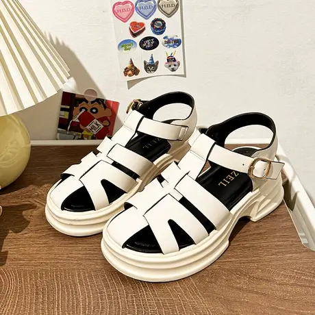 厚底包头凉鞋女2023年新款夏季复古编织休闲镂空猪笼沙滩罗马鞋子图片