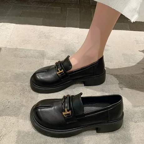 超火乐福鞋女法式春秋新款2023年黑色一脚蹬单鞋英伦风粗跟小皮鞋商品大图