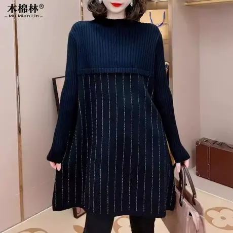 胖mm大码女装针织衫毛衣春秋中老年妈妈装拼接显瘦长袖上衣打底衫商品大图