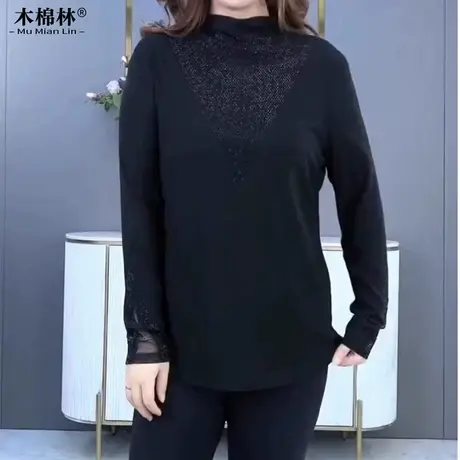 胖mm大码女中高领上衣春秋遮肉显瘦休闲长袖妈妈百搭宽松内搭T恤商品大图