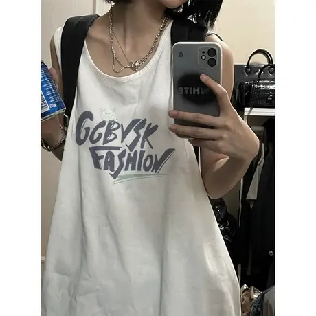 纯棉吊带运动坎肩背心无袖t恤女夏季设计感小众外穿宽松挂脖上衣商品大图