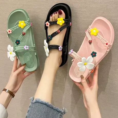 可爱花朵拖鞋女夏时尚外穿网红ins潮百搭一字拖防滑厚底沙滩凉拖图片
