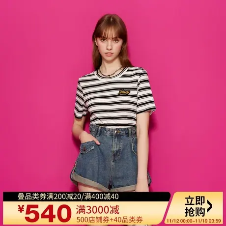 Juicy Couture橘滋2023新款复古减龄logo绣章条纹短袖T恤商品大图