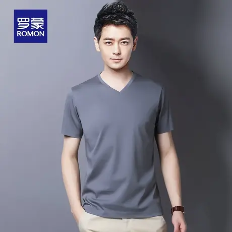 罗蒙纯棉短袖T恤男夏季纯色V领丝光棉体恤衫新款潮流休闲半袖上衣图片