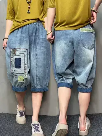 2023新款牛仔裤女宽松蓝色拼接直筒女士中裤显瘦哈伦女装牛仔短裤商品大图