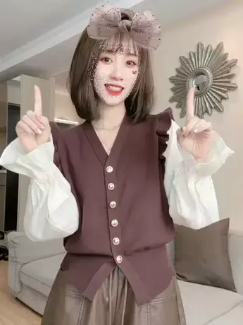 木耳边拼接V领喇叭袖针织衫女早秋新款小香风单排扣假两件上衣潮商品大图