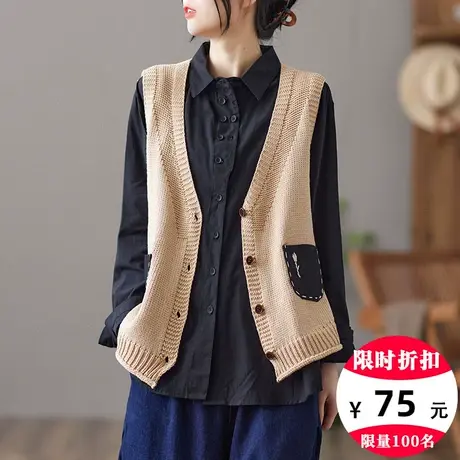 dza 复古宽松V领女士马甲针织背心开衫2022春秋外搭马夹坎肩上衣图片