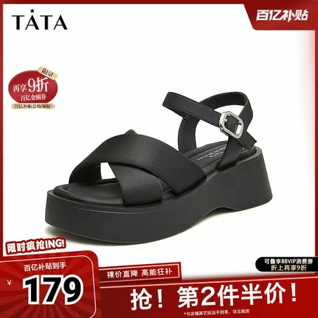 Tata他她休闲厚底凉鞋女鞋简约软底一字带凉鞋2025夏新款WBS04BL4图片