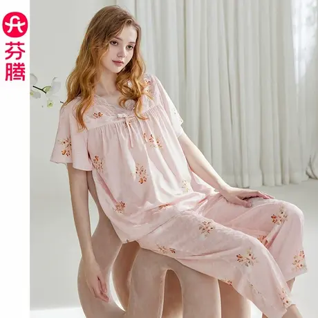 芬腾女士睡衣夏季冰丝薄款短袖七分裤套装女款抗菌宽松妈妈家居服商品大图