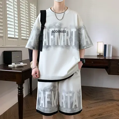 夏季休闲运动短袖短裤套装男青少年潮牌初中高中学生夏天痞帅男装商品大图
