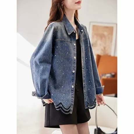 宝诗黎翻领烫钻牛仔衬衫外套2025春季韩版蕾丝拼接休闲百搭女装图片