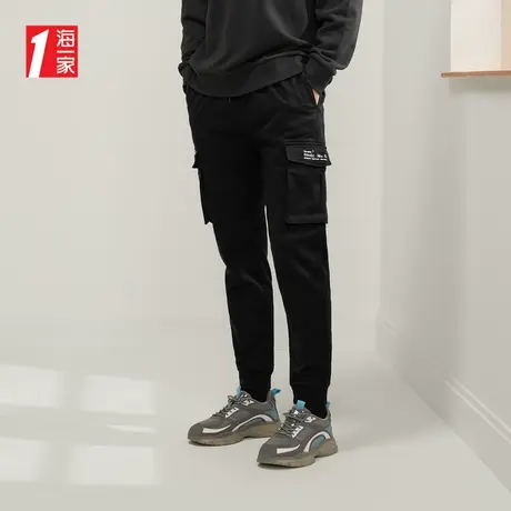 海一家时尚工装裤2023秋季新款抽绳松紧腰大口袋装饰男士休闲裤图片