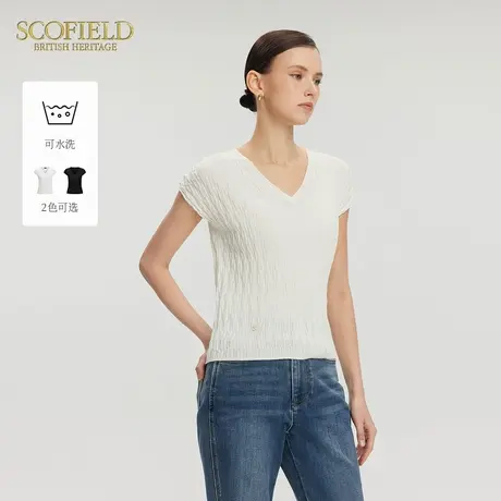 【可水洗】Scofield女简约几何肌理V领针织衫修身毛衣2025夏新款商品大图