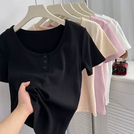 KMV真维斯黑色短袖t恤女2025新款春夏短款体恤独特超好看单穿上衣商品大图