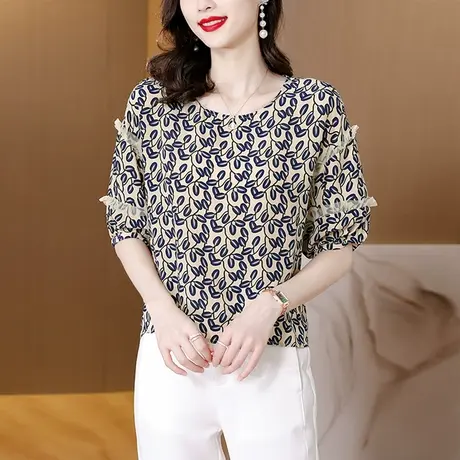漂亮别致雪纺衬衫女2023夏季新款小众时尚圆领灯笼袖复古印花薄款商品大图