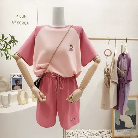 夏季韩版甜美宽松小众设计感insT恤短裤运动休闲两件套装显瘦大码商品大图