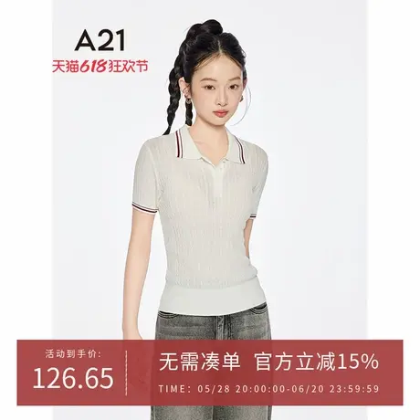 A21女装半开翻领短袖薄款毛针织衫2025夏季新款简约修身显瘦上衣商品大图