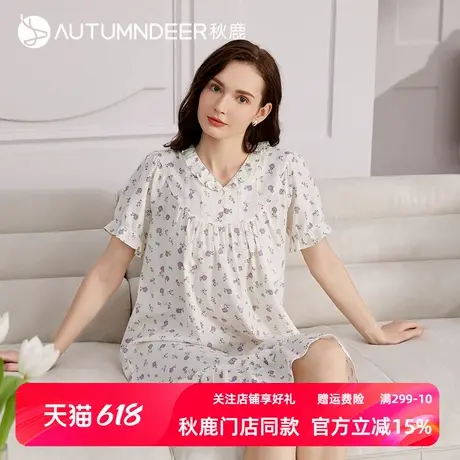 秋鹿简约碎花裙女夏款圆领短袖纯棉女士睡裙梭织棉连衣裙印花中裙商品大图