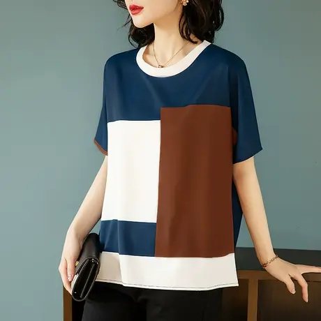 短袖t恤女夏季新款加肥加大码女装宽松中年妈妈撞色拼接显瘦上衣商品大图