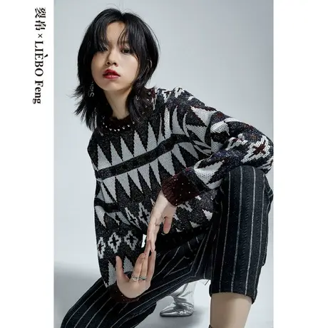 裂帛LIEBOFeng原创设计ins复古黑白菱形格通勤简约百搭宽松毛衣女商品大图