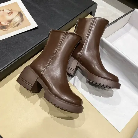 粗跟短靴女2023秋季新款气质高跟时装靴棕色马丁靴百搭春秋单靴子商品大图