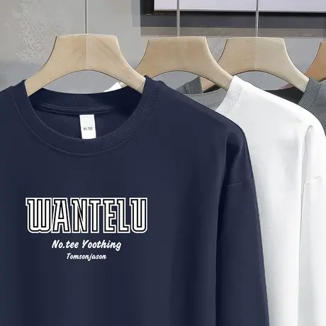 圆领卫衣男春秋款潮流潮牌字母印花长袖t恤宽松加绒套头无帽上衣商品大图