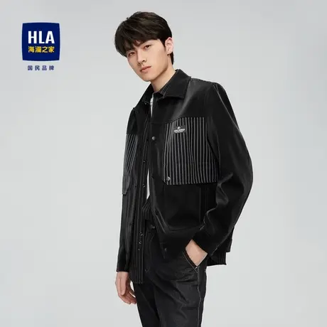 【翻领】HLA/海澜之家夹克秋季竖纹拼接时尚字母小标黑外套男潮商品大图