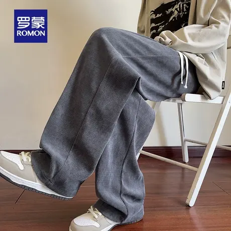 罗蒙男士时尚休闲长裤2025秋季新款日常简约直筒裤宽松系绳松紧裤商品大图