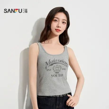三福女秋季美高学院风印花吊带背心 时尚宽肩带无袖上衣507233商品大图