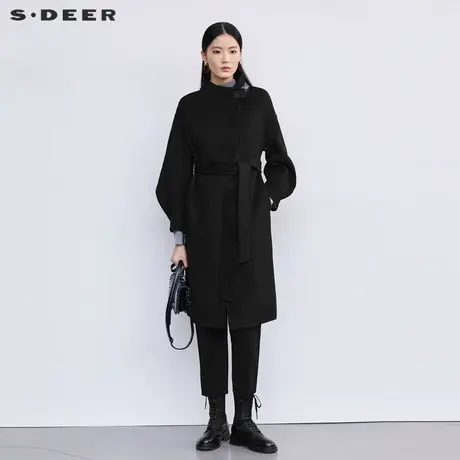 sdeer圣迪奥女装立领收腰泡泡袖毛呢长款大衣S224Z2531商品大图