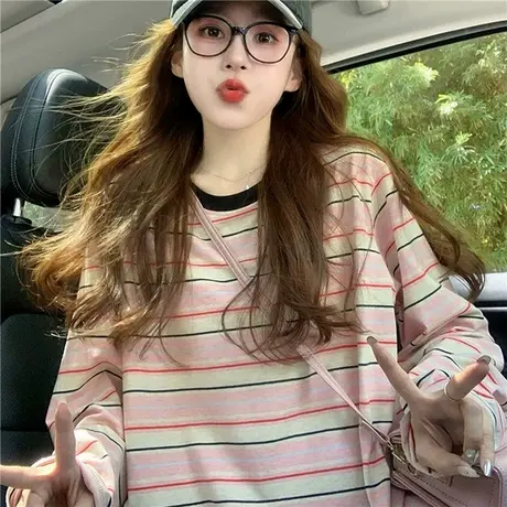 条纹长袖t恤女2025新款秋季美式复古潮牌宽松设计感小众圆领上衣商品大图