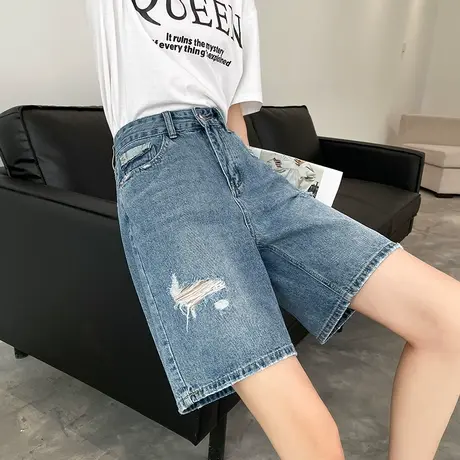 破洞牛仔短裤女五分夏季2023年薄款高腰a字宽松显瘦港味阔腿中裤商品大图