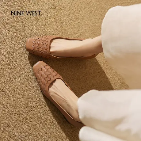 Nine West/玖熙新款方头编织软皮单鞋女真皮粗跟浅口小皮鞋高跟鞋商品大图