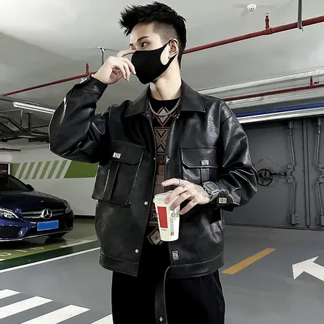 潮牌痞帅复古个性短款机车皮夹克口袋秋季高级感小众工装皮衣外套图片