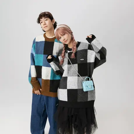 日系慵懒风格子毛衣女秋冬2023新款潮牌情侣装宽松套头针织衫外套商品大图