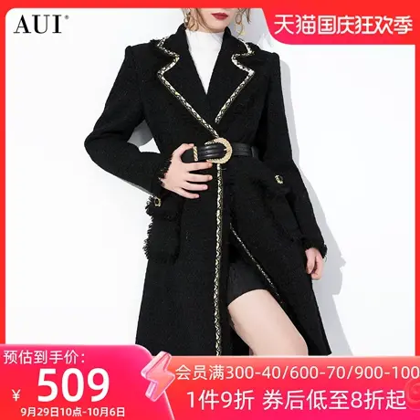 AUI黑色御姐气质小香风外套女冬2023年新款双排扣中长款修身大衣图片