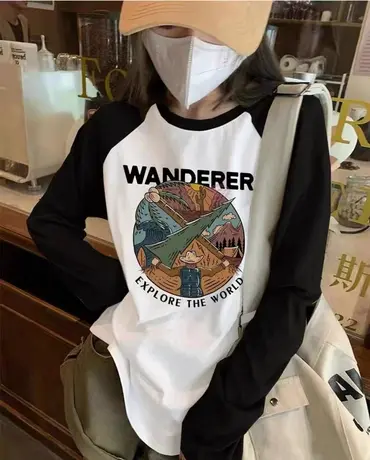 美式复古上衣女小众设计感内搭黑白撞色打底衫女春秋冬插肩袖t恤商品大图