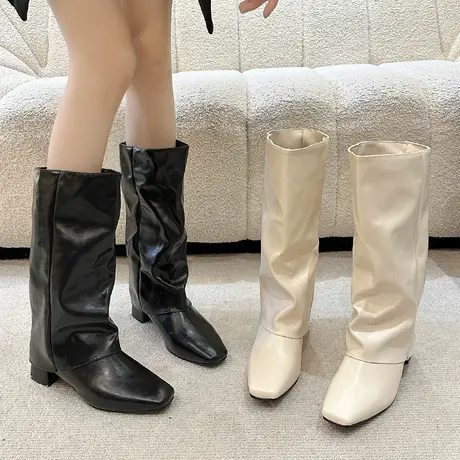 欧美风白色方头粗跟时尚洋气裤管靴女2023新款不过膝高筒骑士长靴商品大图
