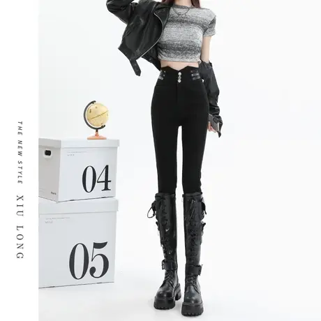 黑色小脚牛仔裤女秋冬2023年新款加绒高腰显瘦紧身弹力铅笔靴裤子图片