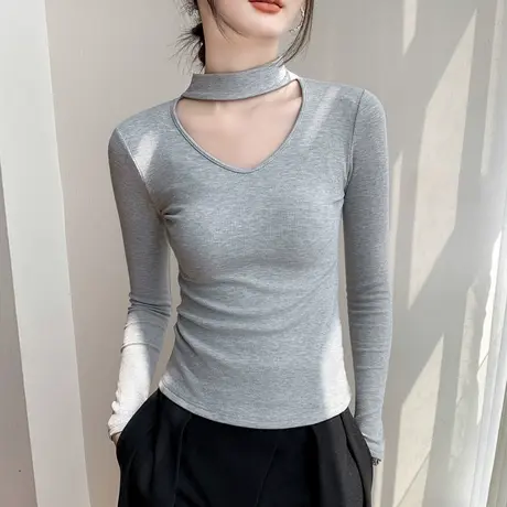 欧货挂脖V领长袖针织衫女2023秋冬新品设计感小众洋气磨毛打底衫商品大图